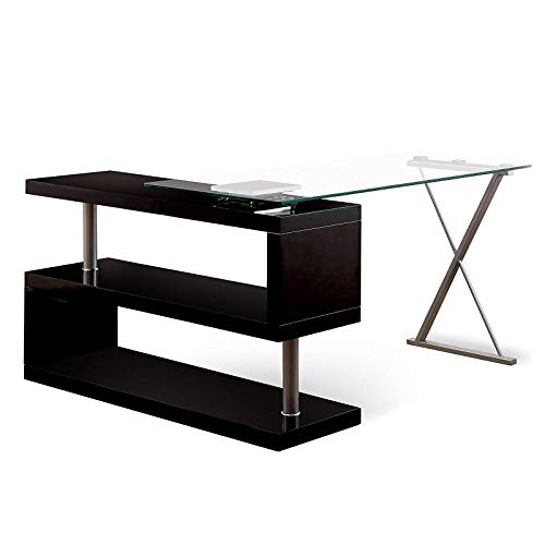 Benjara Movable Glass Top Desk with X Shaped Side Panel, Black and Clear