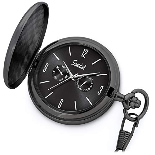Speidel Classic Brushed Satin Black Engravable Pocket Watch with 14" Chain, Black Dial, Seconds Hand, Day and Date Sub-Dials