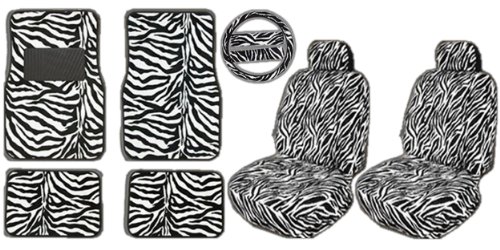 LA Auto Gear U.a.a Inc. 7pc Safari Animal Print White Zebra Low Back Seat Covers & Floor Mats