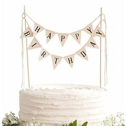 TECCA Happy Birthday Cake Topper Banner with White Burlap Bunting Flags. Handmade Food-Grade Safe Gender Neutral Party Decoratio