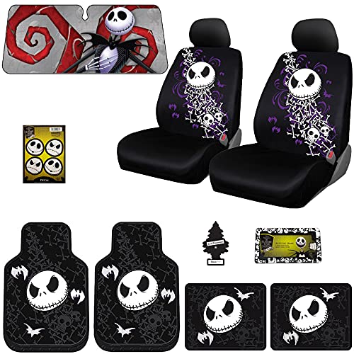 Yupbizauto Nightmare Before Christmas Jack Skellington Bone Design Car Truck SUV Seat Covers Rubber Front and Rear Floor Mat Sun