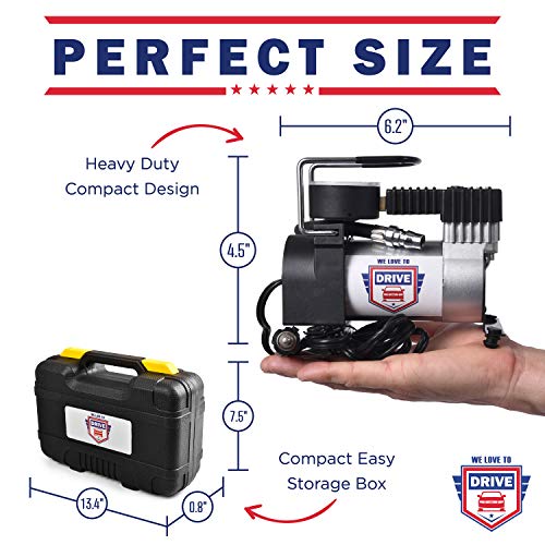 WE LOVE TO DRIVE 12V DC Best Air Compressor Tire Inflator with Gauge, 150 PSI Portable Air Pump for Car Tires, Trucks & Inflatables, DOUBLE BONUS