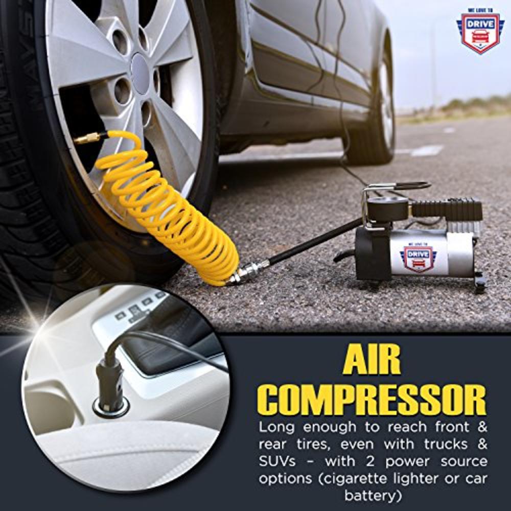 WE LOVE TO DRIVE 12V DC Best Air Compressor Tire Inflator with Gauge, 150 PSI Portable Air Pump for Car Tires, Trucks & Inflatables, DOUBLE BONUS