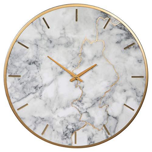 Benjara Round Metal Wall Clock with Faux Marble Background, Gold and White