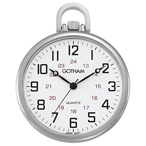 Gotham Mens Silver-Tone Ultra Thin Railroad Open Face Quartz Pocket Watch # GWC15026S
