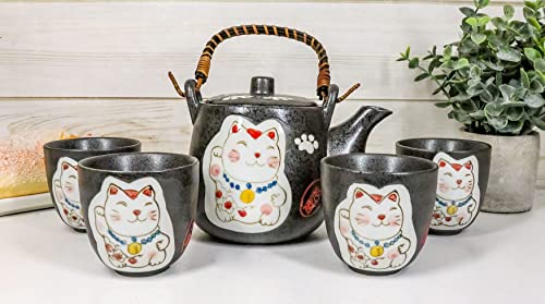 Ebros Gift Japanese Design Maneki Neko Lucky Cat Black Ceramic Tea Pot and Cups Set Serves 4 Beautifully Packaged in Gift Box Excellent Hom