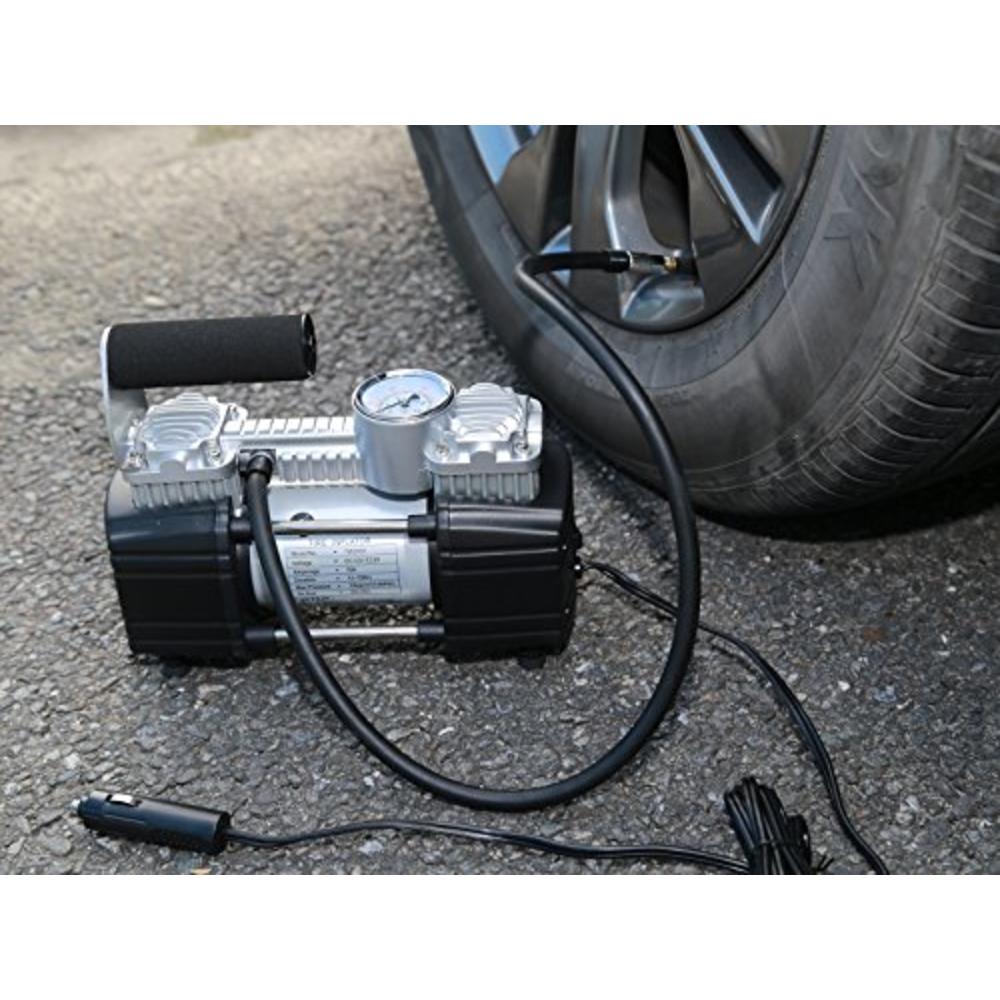 TIREWELL 12V Tire Inflator-Heavy Duty Double Cylinders Direct Drive Metal Pump 150PSI, Compressor with Battery Clamp and 5M Exte