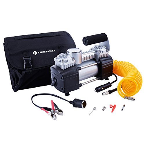 TIREWELL 12V Tire Inflator-Heavy Duty Double Cylinders Direct Drive Metal Pump 150PSI, Compressor with Battery Clamp and 5M Exte