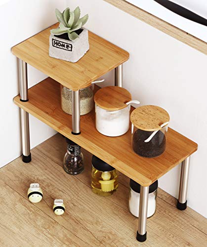 HYNAWIN Corner Shelf 2 Tier Storage Shelves-Bamboo Adjustable Spice Rack  Riser,Standing Counter top Cabinet Display Shelf-Creative Space