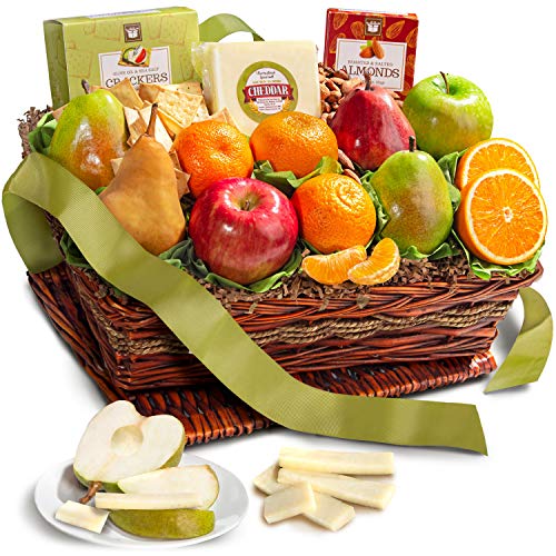 A Gift Inside Classic Fresh Fruit Basket Gift with Crackers, Cheese and Nuts for Christmas, Holiday, Birthday, Corporate