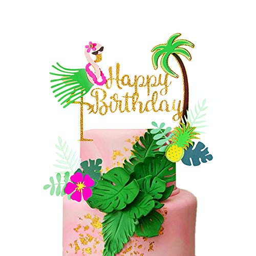 LaVenty Set of 3 Glitter Flamingo Happy Birthday Cake Topper Flamingo Birthday Supplies Tropical Hawaiian Themed Party Supplies