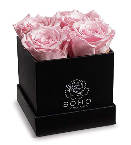 Soho Floral Arts | Roses in A Box | Real Roses Last A Year Or More (Black Square 4ct, Pink) | Valentines Day Gifts