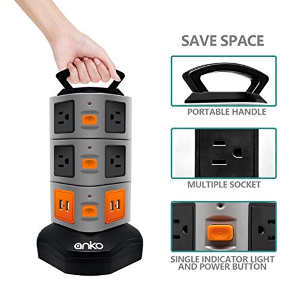 ANKO Power Strip Tower, ANKO 3000W 13A 16AWG Surge Protector Electric Charging Station, 10 Outlets 4 USB Ports 6 feet Heavy Duty Exte