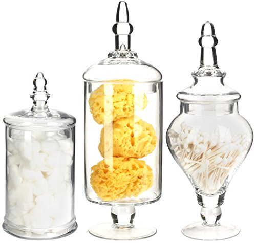 Mantello Glass Apothecary Jars - Set of 3 Crystal Clear Containers with  Lids - Decorative Storage for Candy, Beads, Cookies, Cot