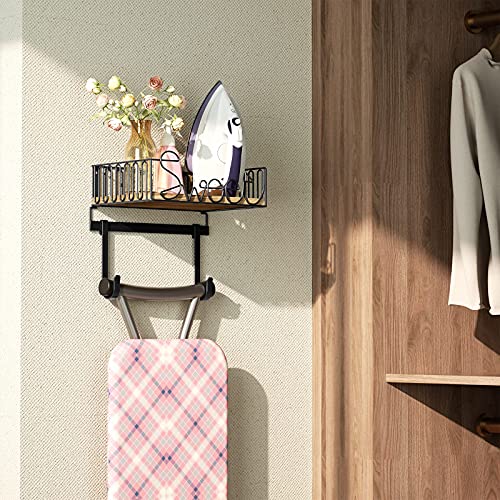 SRIWATANA Ironing Board Hanger Wall Mount, Iron Board Holder for Laundry Room with Large Storage Wooden Base - Carbonized Black