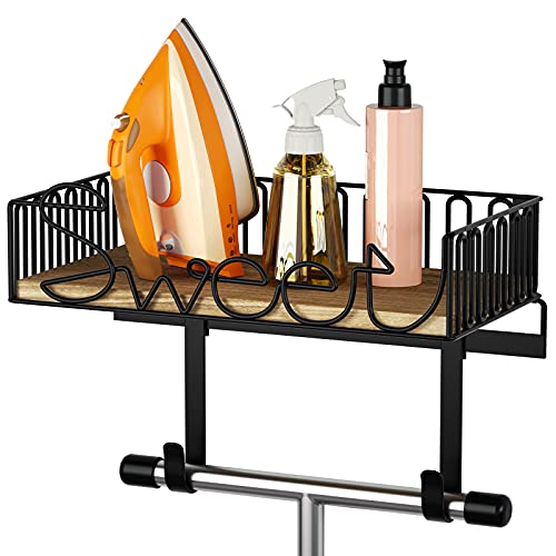 SRIWATANA Ironing Board Hanger Wall Mount, Iron Board Holder for Laundry Room with Large Storage Wooden Base - Carbonized Black