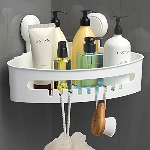 BUDGET & GOOD Corner Shower Caddy Suction Cup, Reusable Plastic Shower Caddy  Holds up to 22LB, Shower Corner Shelf for Shampoo Conditioner, Wa