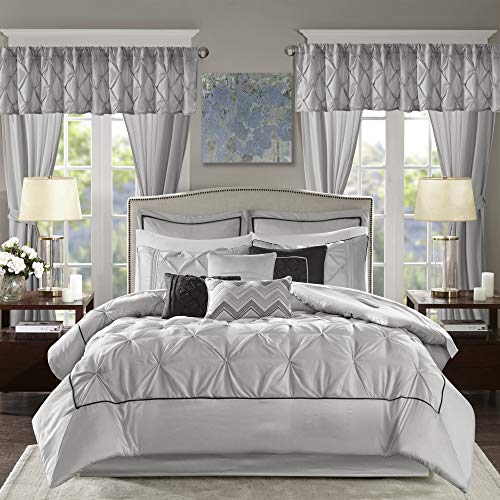 Madison Park Essentials Room in a Bag Faux Silk Comforter Set-Luxe Diamond Tufting All Season Bedding, Matching Curtains, Decora