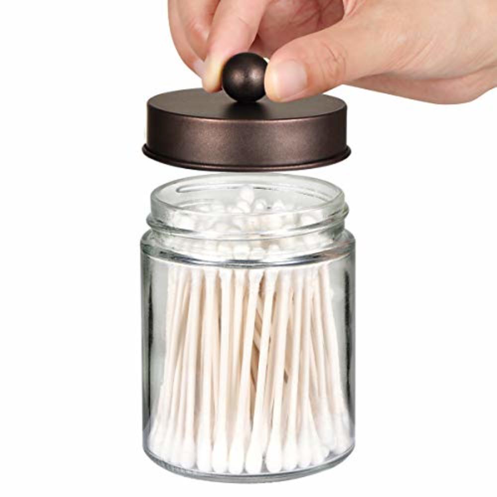 Amolliar Apothecary Jars Bathroom Storage Organizer - Cute Qtip Dispenser Holder Vanity Canister Jar Glass with Lid for Cotton Swabs,Roun