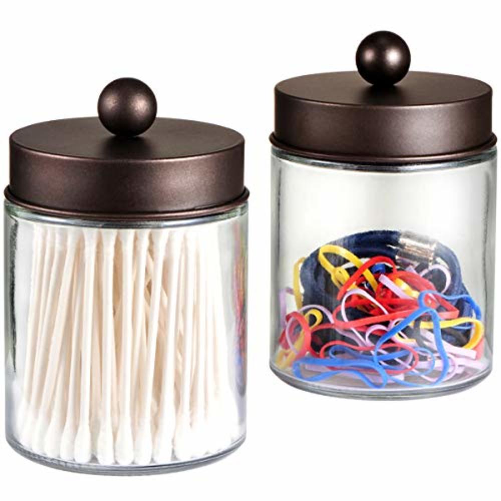 Amolliar Apothecary Jars Bathroom Storage Organizer - Cute Qtip Dispenser  Holder Vanity Canister Jar Glass with Lid for Cotton Swabs,Roun