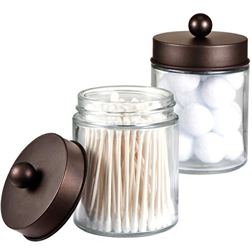 Amolliar Apothecary Jars Bathroom Storage Organizer - Cute Qtip Dispenser Holder Vanity Canister Jar Glass with Lid for Cotton Swabs,Roun