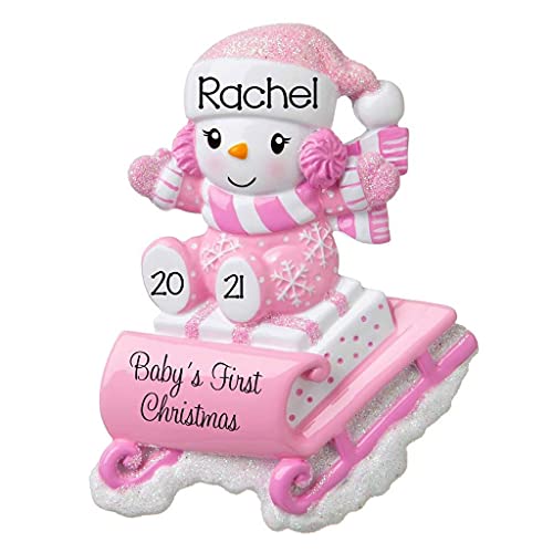 Holiday Treasures 2021 Personalized Ornament Babys First Christmas Baby Girl Snowbaby on Sled Christmas Tree Ornament Handwritten Customized Glitt