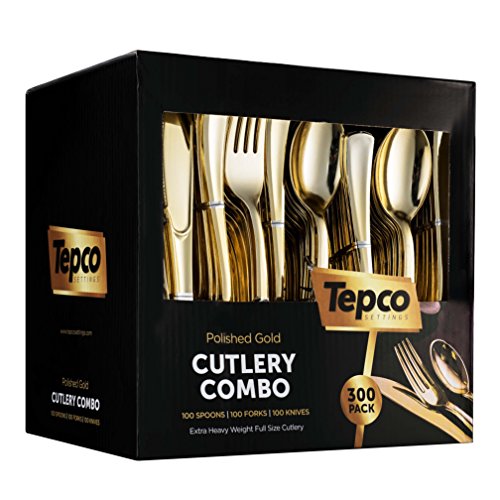 Tepco 300 Gold Plastic Silverware Set - Plastic Gold Cutlery Set - Disposable Flatware Gold - 100 Gold Plastic Forks, 100 Gold Plastic