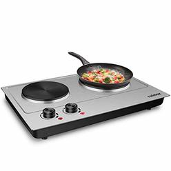 CUSIMAX 1800W Double Hot Plate, Stainless Steel Silver Countertop Burner Portable Electric Double Burners Electric Cast Iron Hot