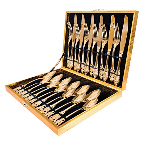 ZCF 24-Piece Gold Flatware Silverware Set,18/10 Heavy Duty Stainless Steel Flatware Service for 6,Cutlery Include Knife/Fork/Spo