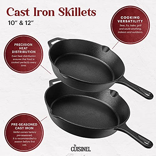 Cuisinel Cast Iron Skillet Set - 10 + 12-Inch Frying Pan + Glass Lids + 2  Handle Cover Grips - Pre-Seasoned Oven Safe Cookware