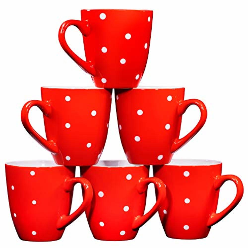 Bruntmor Polka Dot Coffee Mug Set Set of 6 Large-sized 16 Ounce Ceramic Coffee Mugs Restaurant Coffee Mugs, Red
