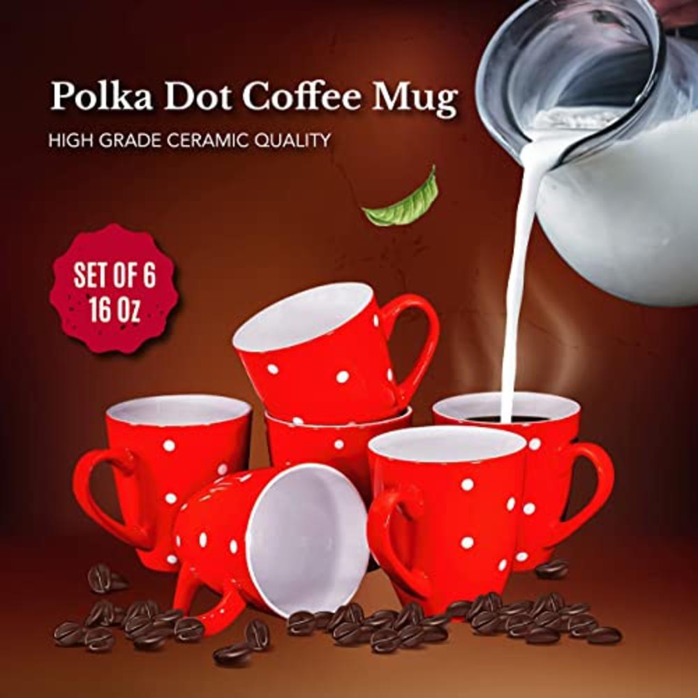 Bruntmor Polka Dot Coffee Mug Set Set of 6 Large-sized 16 Ounce Ceramic Coffee Mugs Restaurant Coffee Mugs, Red