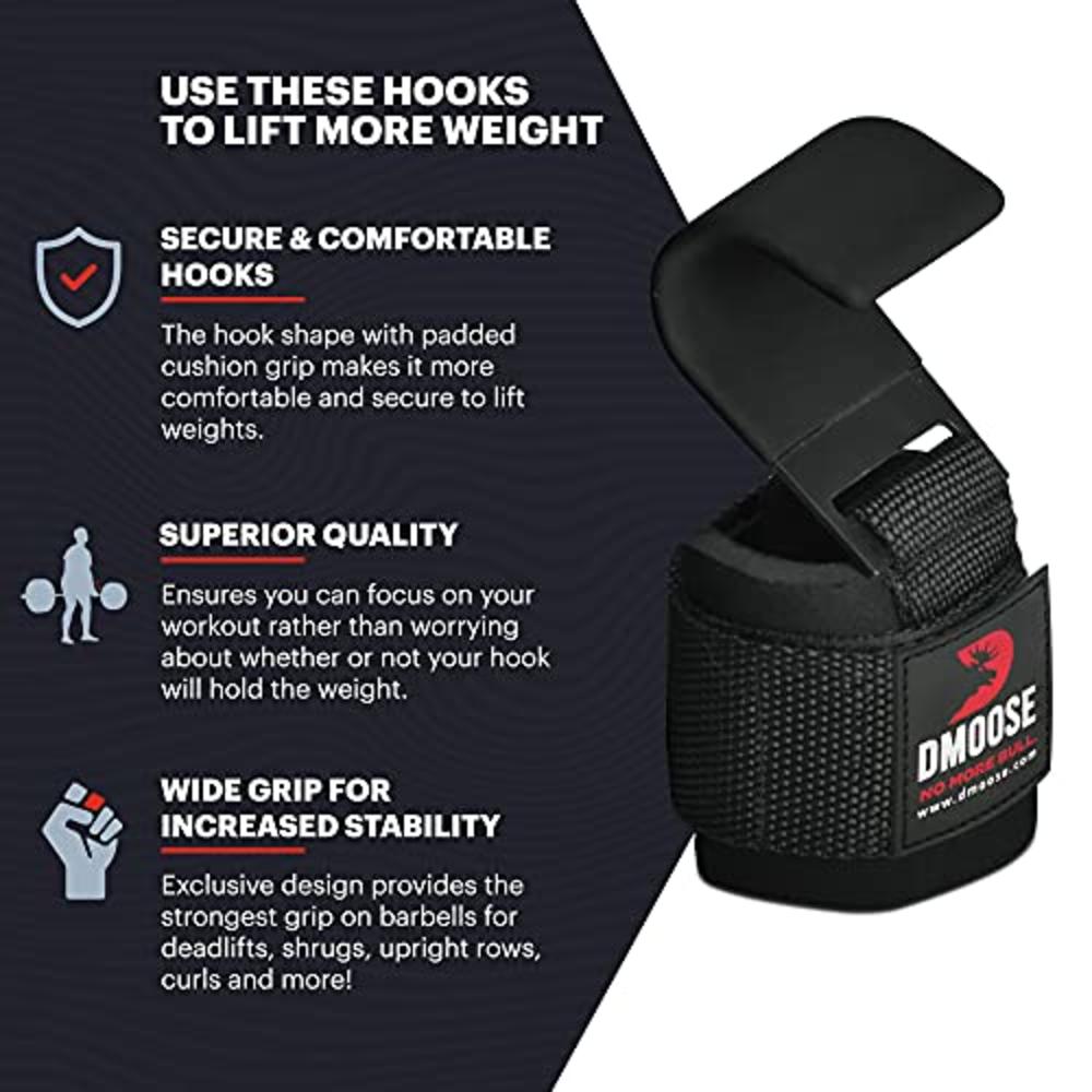 DMoose Fitness DMoose Weight Lifting Hooks (Pair), Hand Grip Support Wrist Straps for Men and Women, 8 mm Thick Padded Neoprene, Deadlift, Powe