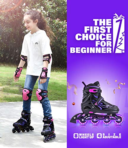 2pm Sports Vinal Girls Adjustable Inline Skates with Light up Wheels Beginner Skates Fun Illuminating Roller Skates for Kids Boy