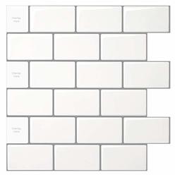 LONGKING 10-Sheet Peel and Stick Tile for Kitchen Backsplash, 12x12 inches Off White Subway Tile with Grey Grout