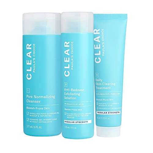 Paulas Choice CLEAR Regular Strength Acne Kit, 2% Salicylic Acid & 2.5% Benzoyl Peroxide for Facial Acne & Pores, Redness Relief