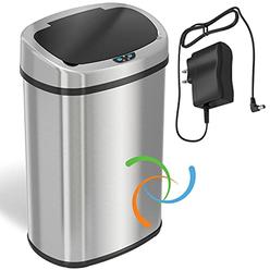 SensorCan 13 Gallon Battery-FREE Automatic Sensor Kitchen Trash Can with Power Adapter, Oval Shape Stainless Steel Garbage Bin w