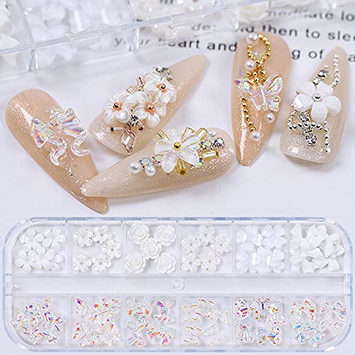 Heamuy Flower Nail Art Charms 60pcs Nail Glitter Decals Decoration 3D Nail White Flower Mixed Design Acrylic Nail Stud Jewelry Salon Na
