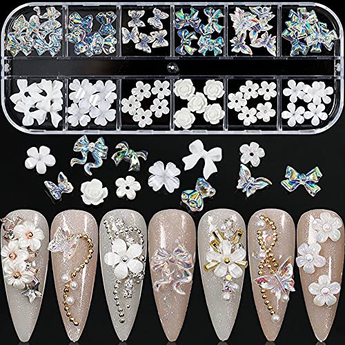Heamuy Flower Nail Art Charms 60pcs Nail Glitter Decals Decoration 3D Nail White Flower Mixed Design Acrylic Nail Stud Jewelry Salon Na