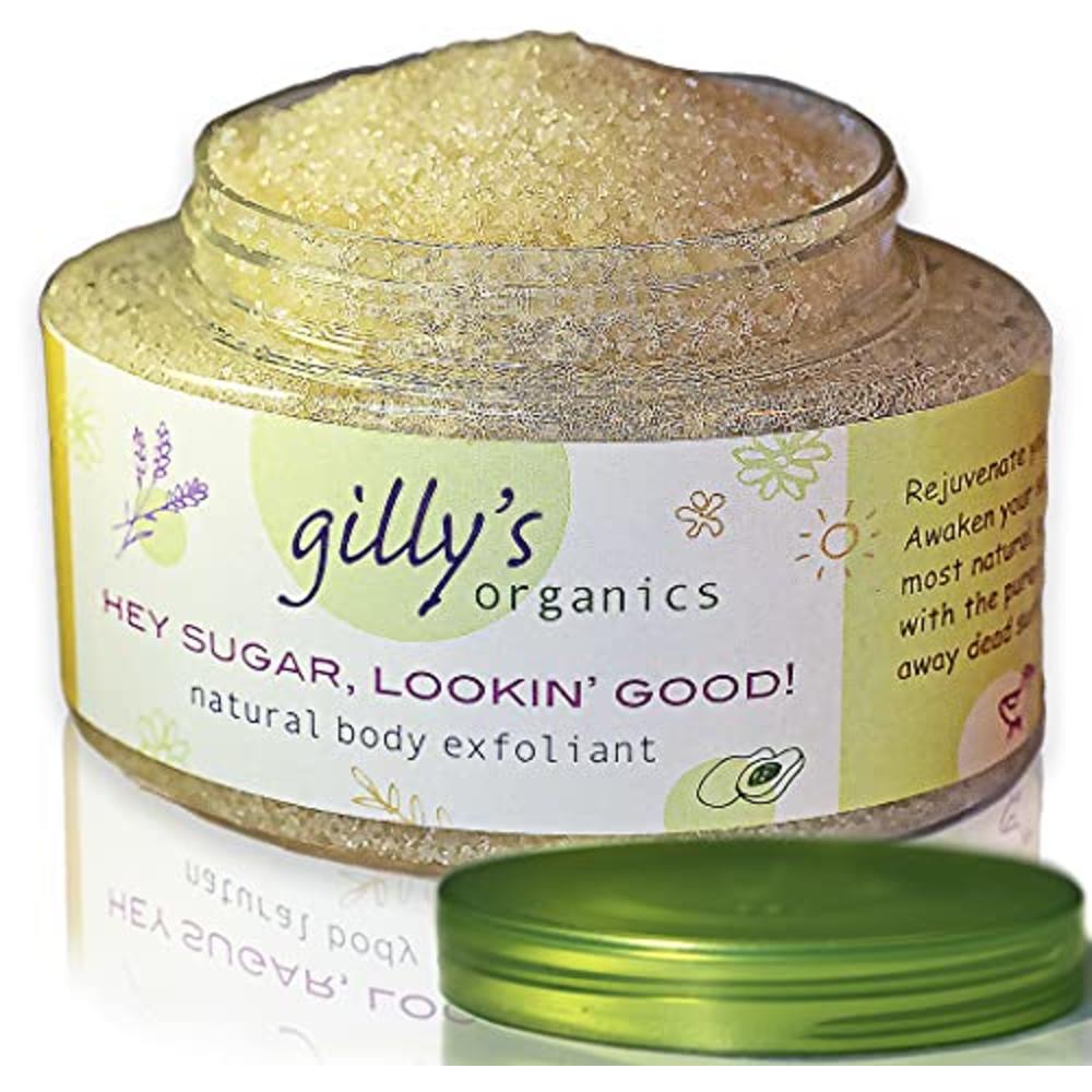 Gillys Organics Exfoliating Sugar Scrub for Body and Face (8 Oz) Hydrating Lip, Body or Foot Scrub with Soothing Vegan Organic I