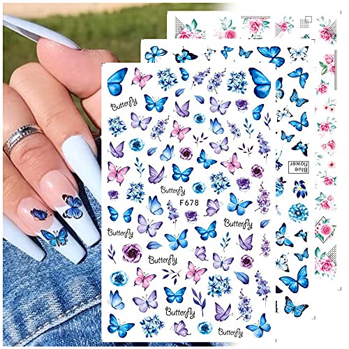 Dornail 8 Sheets Butterfly Nail Stickers Spring Summer Floral Flower Nail Decals Nail Accessories for Nail Art Decorations Suppl