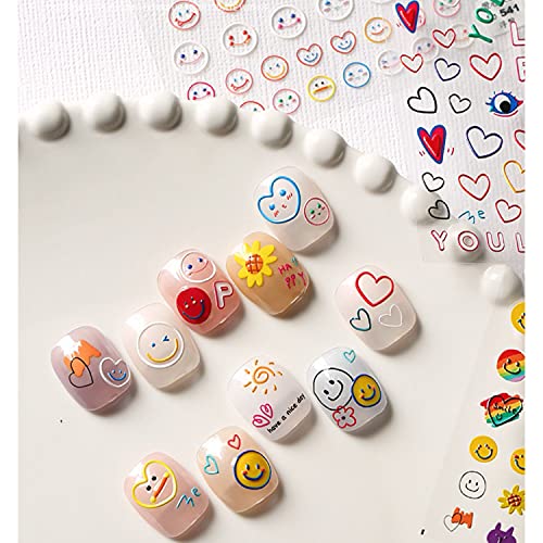 Dedyel 2021 New 5D Stereoscopic Embossed Love Smiley Face Colorful Smiley Love Circle Art Nail Decals in 3 Styles, Candy Color Cartoon 
