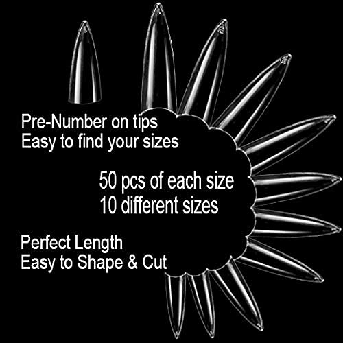 VIVACE Clear Long Stiletto 500pcs Artificial Fake Nail Tips,10 Sizes With Clear Plastic Case For Nail Salon