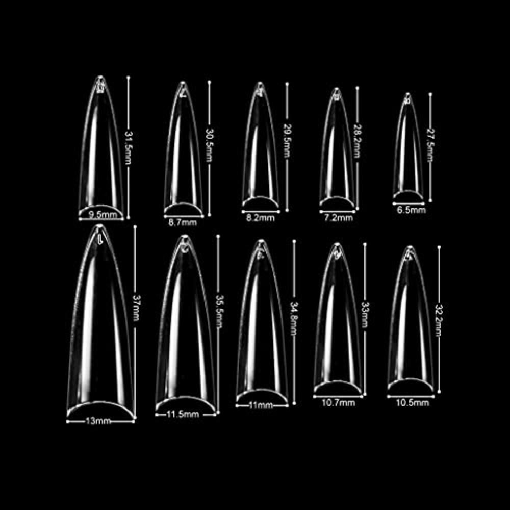 VIVACE Clear Long Stiletto 500pcs Artificial Fake Nail Tips,10 Sizes With Clear Plastic Case For Nail Salon