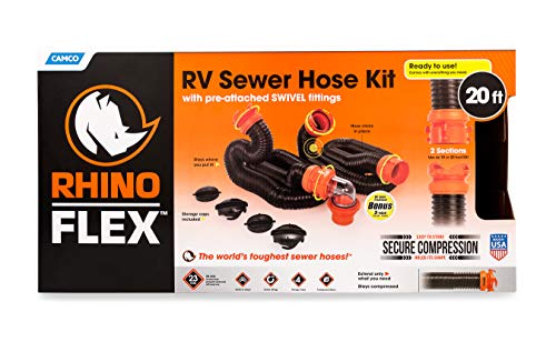 Camco RhinoFLEX 20-Foot RV Sewer Hose Kit, Includes Swivel Fittings and Transparent Elbow with 4-In-1 Dump Station Fitting, Stor