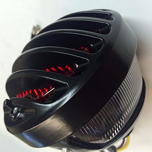 HTT Group Motorcycle Black Custom Motorcycle Grille Ribbed Round LED Tail Brake Light Red Lens For Integrated License Plate Lamp
