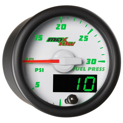 MAXXHAUL MaxTow Double Vision 30 PSI Fuel Pressure Gauge Kit - Includes Electronic Sensor - White Gauge Face - Green LED Illuminated Dial