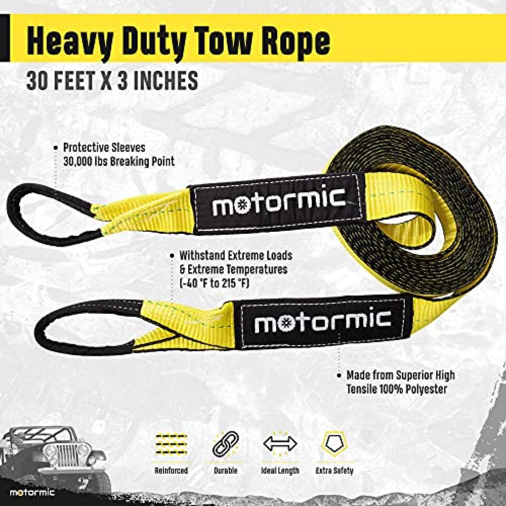 motormic Tow Strap Recovery Kit – 3" x 30ft (30,000 lbs.) Rope + 2" Shackle Hitch Receiver + 5/8" Locking Pin + 3/4" D Ring Shac