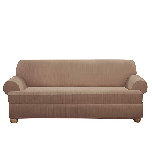 Surefit Home Décor Stretch Pinstripe T-Cushion Sofa Two Piece Slipcover,  Form Fit, Polyester/Spandex, Machine Washable, Taupe Co