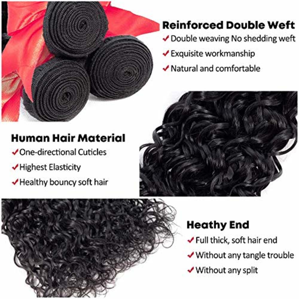 Alibeauty Brazilian Water Wave Bundles with Closure 10A Unprocessed Virgin Human Hair Weave 3 Bundles with Closure Natural Black